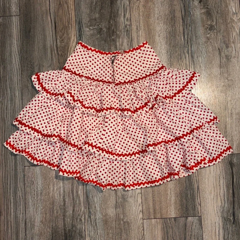 Vintage Kids Red Polka Dot Tiered Ruffle Skirt Ric Rac Trim Costume Retro